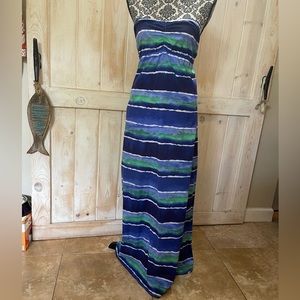 Tommy Bahama Strapless Maxi Dress Smocked Top Size S/P Green Blue Stripe…